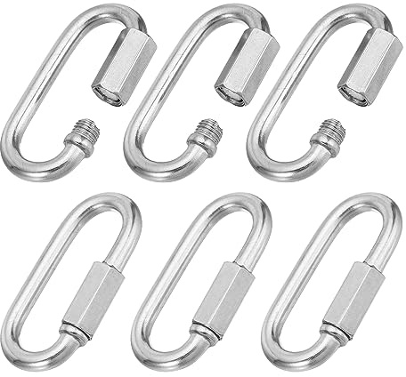 PATIKIL 6mm 304 Inoxidable Acero Cadena Rápidos Eslabones, 6 Paquete Tornillo Bloqueo Conector Cadena Ovalado D Anillo Gancho Clips para Araña Mochila Tienda, 882lbs Plata