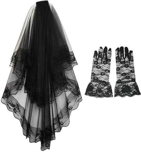SLEEKEE 1 pieza de velo negro con borde de encaje, 1 par de guantes de encaje, velo de novia gótico, adorno de cabeza de encaje negro para Halloween, adecuado para decoraciones festivas y fotos.