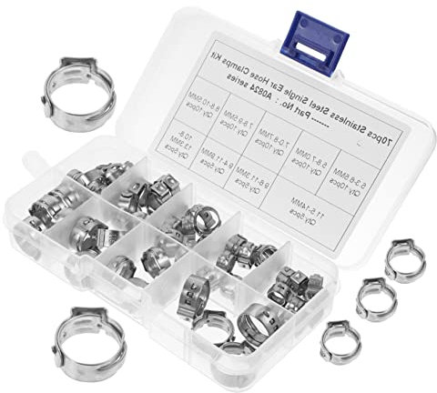 Angoily 70pcs Stainless Steel 304 Single Ear Clamp Assortment Kit 9 Sizes, Cinch Clips Hose Clamps for Pex Tubing and Water Pipes, Compatible Pex Crimping Tools for Plumbing and Automotive Use