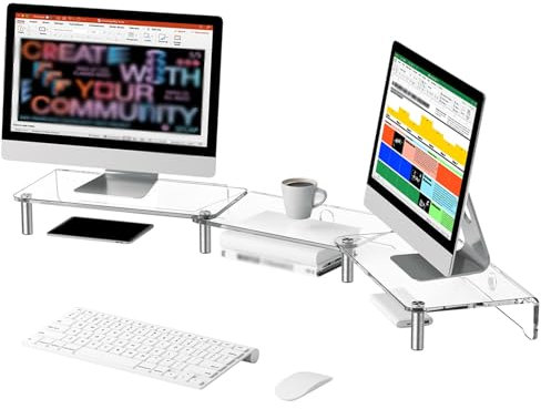 JAYWIS Monitorständer Ergonomischer Acryl Ständer für Zwei Monitore, Länge und Winkel Verstellbar, Durchsichtige Ecke für Computermonitore, Schreibtisch Organizer für Bildschirm/Drucker