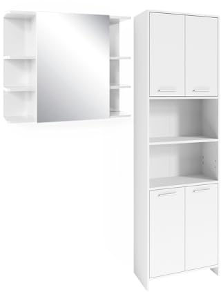 Vicco Set di mobili da bagno Maris, Bianco, 2 pezzi, con colonna e mobile a specchio per bagno, composto da armadio alto e armadietto a specchio