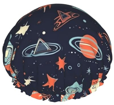 Duschhaube mit Retro-Weltraum-Muster, doppellagig, wasserdicht, elastisch, wiederverwendbar, Duschhut, Haarschutz, Badehut für Spa, Salon, Baden für Damen