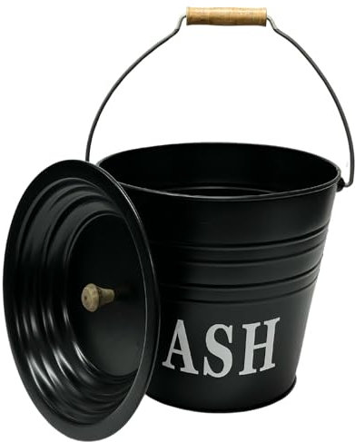 Trendi 12 Litre Black Metal Ash Bucket Wooden Handle & Lid Handle Fireplace Container Coal Storage | Log Holder | Fire Pit Wood Burning Stove Bin, Living Room, Fireplace (Ash Bucket only)