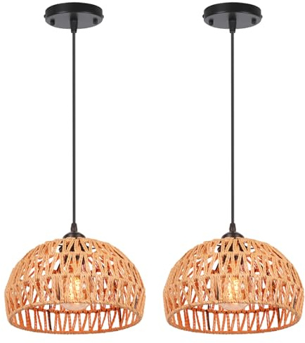 LIGKIN 2 Stücke Vintage Boho Rattan Lampe Pendelleuchte Hängelampe, E27 Metalle Geflochten Lampenschirm Pendellampe, Ø25CM Rustikal Industrielle Kronleuchter für Schlafzimmer Kindergarten Korridor