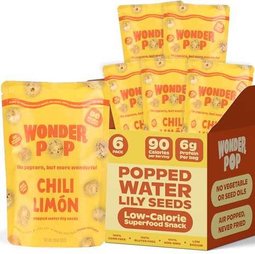 WonderPop Chili Limon – Popped Water Lily Seeds (6-Pack) | High Protein, 90 Calorie, Vegan, Gluten-Free, Non-GMO | Delicious Low-Calorie Plant-Based Snack | 2.11oz Each