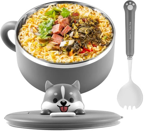 Foribyw Ramen Bowl with Lid and Spork 1200ml Stainless Steel Noodle Bowl Heat Resistant Instant Soup Bowl with Handles Dustproof Pasta Salad Bowl for Dorm Office (Grey)