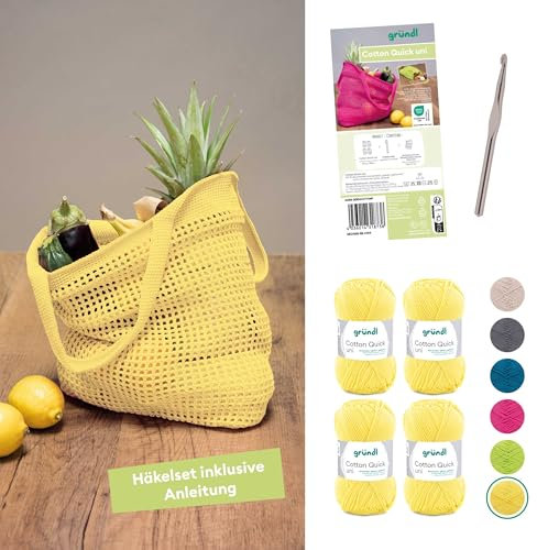Gründl Wolle Cotton Quick uni - dünne Wolle zum Häkeln - Häkelgarn für ein Einkaufsnetz mit Anleitung und Nadel - Glänzend und hautfreundlich - 100% Baumwolle - 4 Knäuel 50 g / 125 m - Gelb