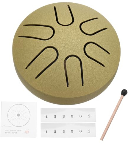 QUARKZMAN Acciaio Lingua Tamburo 3 Pollici 6 Avviso Mini Acciaio Mano Tamburo con Tamburo Mazze e Musica Libro Preoccupa Gratis Tamburo per Yoga Meditazione Campeggio (Oro)