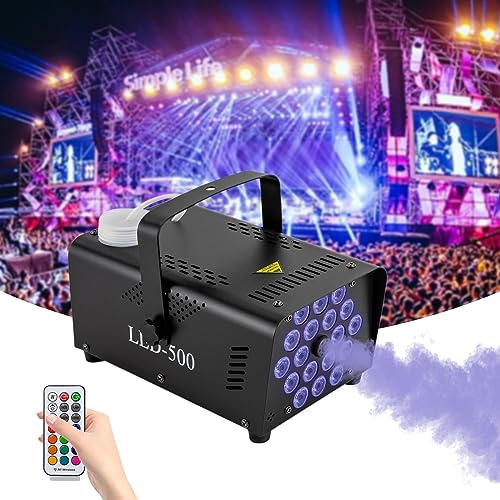 Nebelmaschine 500 W Minidisco Rauchmaschinen mit 18 LED RGB Lichter, Partyautomat mit Nebelautomatik & Funkfernbedienung für Halloween, Weihnachten, Hochzeit, Geburtstag