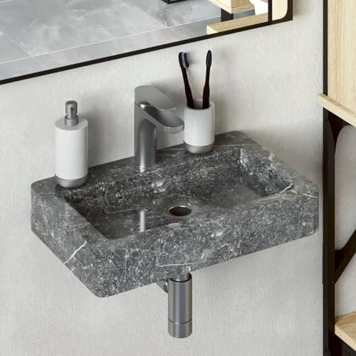 Homgoday Lavabo Mural Gris 38x24x6,5 cm Marbre, Vasque à Poser, Lavabo de Salle de Bain Évier de Comptoir pour Toilettes, Vestiaires, WC d'invités