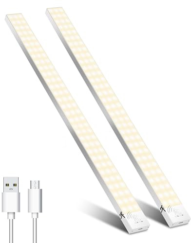 Unterbauleuchte Küche LED Schrankbeleuchtung 60cm 2Stück Warmweiß mit Bewegungsmelder Innen Akku,Schranklicht Schrankleuchten Lichtleiste USB mit Sensor für Kleiderschrank,Unterschrank,Kofferraum,RV | Schrankbeleuchtung LED Leiste Schranklicht Schrankleuchten Lichtleiste mit Sensor für Kleiderschrank,Unterschrank,Kofferraum