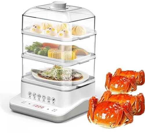 Vaporiera elettrica a 3 livelli, Cottura a vapore elettrica da 18 litri for scaldavivande e riscaldatore, timer 24 ore e display touch screen, 8 velocità, Conservazione automatica dell'ebollizione