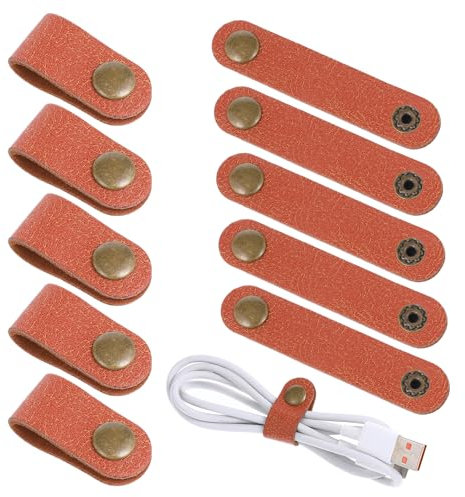 JIEYAO 10 Pcs Leather Cord Organizer, Brown Cable Straps, PU Phone Cord Ties Reusable Cord Strap Keepers Portable Earphone Cord Holder Snap Closure for Charging Cord Power Cord Headphone Supplies