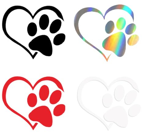 Autoaufkleber Wandtattoo, 4er Set Aufkleber Pfote und Herz, Pfotensticker mit Herz für Autos, Waschstraßentauglich, Hunde Namen Pfote mit Herz Haustier für Auto Wand Spiegel