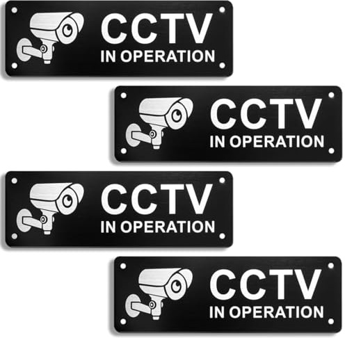 CCTV Sign, 4Pcs 5x15cm CCTV in Operation Sign, Self-Adhesive Aluminum CCTVS Signage with Pre-Drilled Holes for House and Business Indoor or Outdoor (Black)