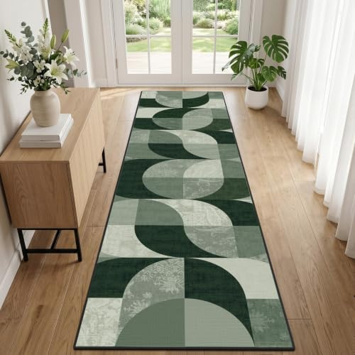 TUKDAK Boho Runner Rugs for Hallway 60×240 cm, Green Checkered Extra Long Hall Runners Non Slip, Washable Kitchen Mat for Hallway Bedroom Laundry Room Kitchen Non Shedding