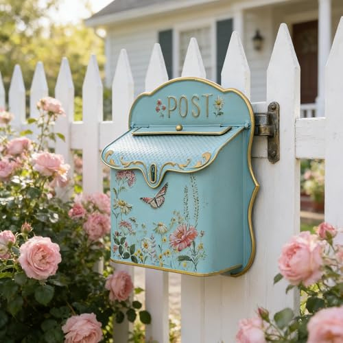 Vintage Wall Mount Mailbox for Outdoor Metal Wall Hanging Letter Box Decor Rustic Flower Pattern Mail Box for Garden Front Door Mantel Display (Green)