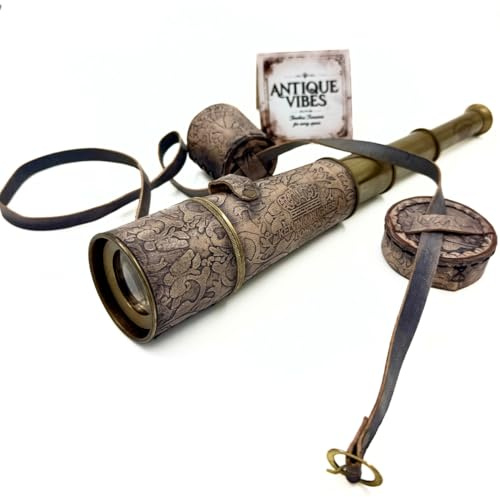 Antique Vibes 18 Expandable Telescope, Vintage Style Pirate Handheld Brass Spyglass with Strap &Cap, Embossed Pattern Design, Collectors Gift, Hiking, to Son from Dad Mom