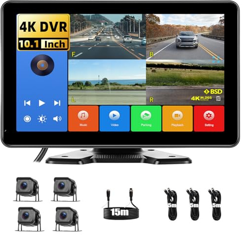 GOHHDL Telecamera Posteriore Set di 4 Telecamere Cablate, Monitor IPS HD da 10,1 Pollici 4K DVR con Android Cast, Impermeabile IP68, Registrazione, Monitoraggio del Parcheggio, Linee di parcheggio
