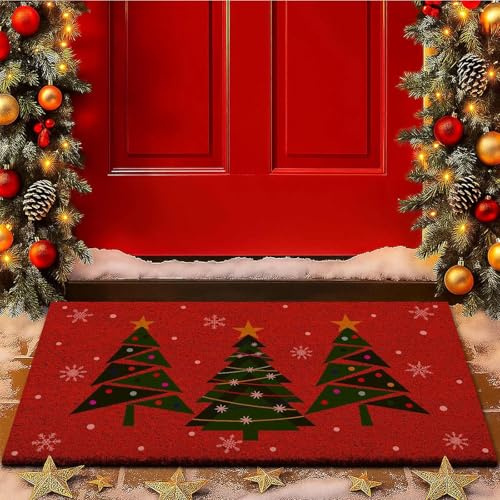 Christmas Welcome Natural Coir Door Mat, Forest Christmas Tree Large Coco Front Door Porch and Home Bathroom Porch Non Slip Rubber Rug Winter Xmas Farmhouse Decor (D, 60x90cm)