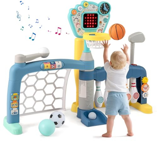 HOMASIS Canasta de Baloncesto 5 en 1 para Niños con Luz y Sonido, Soporte de Baloncesto Multifuncional con Portería de Fútbol, Golf, Bolos y Béisbol, Altura Ajustable