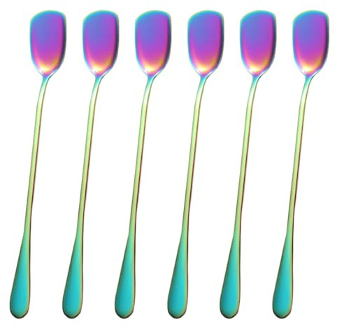 SEWACC Cuillère à Glace Acier Inoxydable 6 Pièces Cuillères à Mélanger Colorées pour Boissons Cocktails Maison et Bar Manches Longues