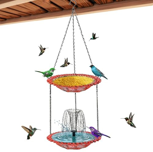 Bains d'oiseaux Solaires Suspendus pour L'extérieur, Fontaine Solaire, Distributeur avec Pompe, Cascade Décorative Extérieure, Bassin De Douche pour Colibris