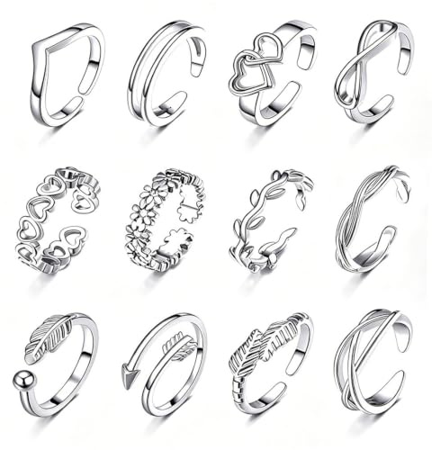QEQSHQO Bagues d'orteil Lot de 12 Pièces Réglables, 12 Styles Différents, Vintage Argenté | Bijoux de Pied Femme Idéal Été Plage Cadeau