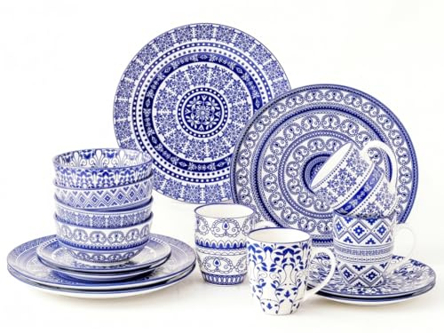 simpa 16PC Blue Florentine Porcelain Dinner Set. 4 Dinner Plates, 4 Side Plates, 4 Bowls & 4 Mugs. Dishwasher & Microwave Safe.