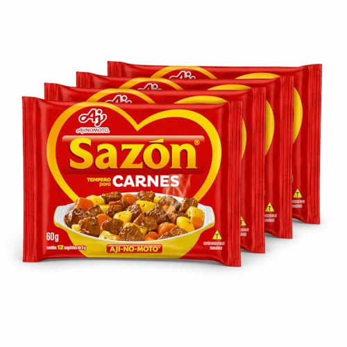 Sazón para Carnes Ajinomoto 60g (12 Sobres) – Pack de 4 Unidades | Condimento Latino para Carne, Sazonador con Especias, Sabor Intenso y Práctico