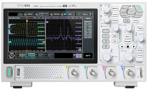 4CH oscilloscope with 70 MHz Bandwidth, 1.25 GSa/s sample rate, 12 Bit A/D converter, 25 Mpts memory depth and a 17.8 cm touchdisplay 1024x600 pixel(DHO804)