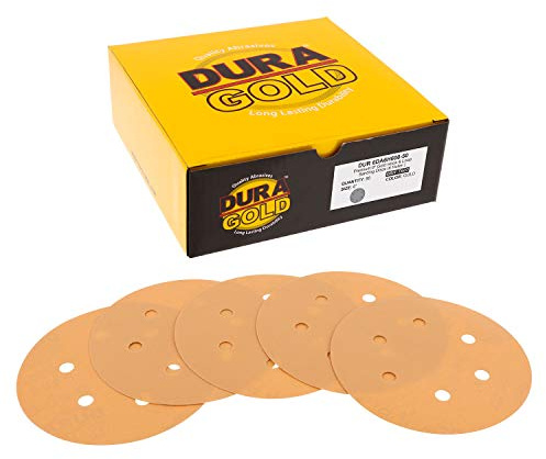 Dura-Gold Premium 600 Grit 6 Gold Sandpaper Discs, 6 Hole Pattern Dustless, Box of 50 - Hook & Loop Backing for DA Sander, Finishing Fine Cut Sanding Abrasive Automotive Paint, Woodworking Wood Metal