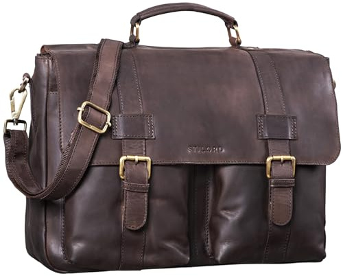 STILORD Zeus Große Leder Aktentasche Vintage Lehrertasche Businesstasche 15,6 Zoll Laptoptasche XL Umhängetasche Herren Damen Echtleder aufsteckbar Farbe:matt - Dunkelbraun