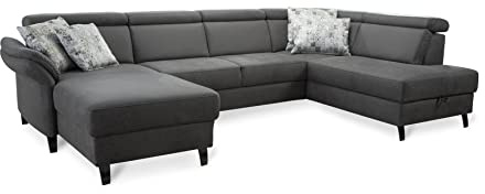 Cavadore Wohnlandschaft Ammerland mit Federkern, Schlafsofa mit Bettfunktion und Bettkasten, inkl. Kopfteilverstellung, 317 x 84 x 193, lederoptik anthrazit