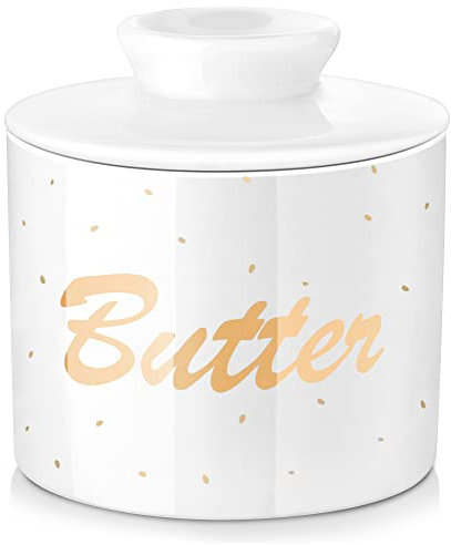 LOVECASA, Butterdose mit Kühlung, 180 ml, Käseglocken, Buttertopf aus Porzellan, Aufbewahrung von Butter, Käse, ohne Kühlschrank (Weiß-Butter-Gold)
