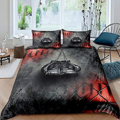Homewish Teens Boxing Gloves Duvet Cover Set Sports Games Theme Comforter Cover For Kids Boys Adult Men Geometric Diamond Bedding Set Grey Black Breathable Quilt Cover With Zipper Single Size