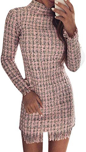 Minetom Damen Kleid Elegant Bodycon Langarm Party Minikleid Retro Herbst Winter Kariert Quaste Hemdkleid Cocktailkleid Bleistiftkleid Etuikleid E Rosa 40