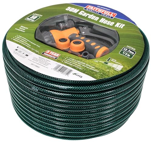 Faithfull 50M (164ft) Reinforced Hose Kit – PVC Garden Hose Pipe with 3 Fittings & Multipattern Spray Gun