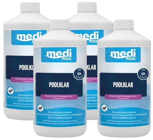 mediPOOL PoolKlar 4X 1 Liter, konzentrierter Trübungsentferner, für Kartuschenfilter, Sandfilteranlagen und Whirpools, einfache Dosierung, bewährte Qualität