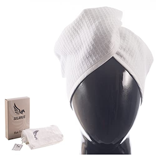 SELARUS 100% Turkish Cotton Hair Towel Wrap for Women,Non Microfiber,400-GSM(Grams per Square Metre),AntiFrizz,Hair Plop Waffle Towels for Curly,Long&Thick Hairs,Turban Head Wrap,1Pack10x26inc(White)