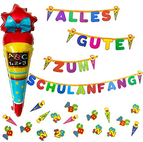 Oblique Unique® Schuleinführung Schulanfang Einschulung Deko Set für Jungs Mädchen - Zuckertüte Folienballon + Alles Gute zum Schulanfang Girlande + Konfetti