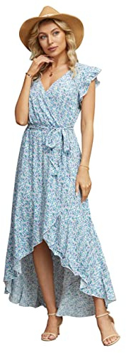 GRECERELLE Womens Summer Maxi Dress Boho Floral Polka Dot Wrap Dresses | V Neck High Low Hem Dress with Short Flutter Sleeves for Summer and Wedding Guest Party Styling