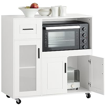 SoBuy FSB78-W Sideboard auf Rollen Küchenwagen Mikrowellenschrank Küchenschrank Rollwagen Aufbewahrungsschrank Küchekommode Küchentrolley Weiß BHT ca. 88,5x89x40cm