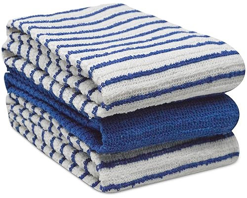 Towelogy Kitchen Tea Towels Set Of 3 Cotton - 40 x 60 cm Super Soft & Quick Drying Dish Cloths - Striped & Solid Designed (Blue/White, 3)