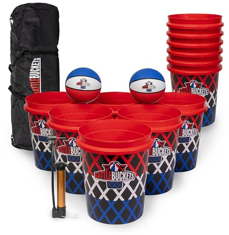 Battle Buckets – Giant Yard Pong and Basketball Game with 12 Buckets, 2 Balls, Carrying Bag, and Air Pump – Outdoor Game for Lawn, Backyard, Beach, and Parties
