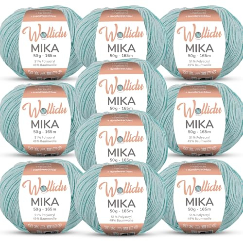 Wollidu Mika 51% Polyacryl 49% Baumwolle zum Häkeln und Stricken 10x 50g/165m Oeko-Tex Strickgarn Häkelgarn - Mint