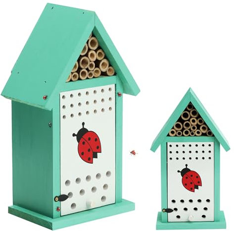 Navaris Casetta Coccinelle - Hotel Insetti - Rifugio per Api Farfalle Vespe Bombi Coleotteri - Alveare - Ladybug House - Legno di Pino e Bambù - Bianco Blu con Simbolo Coccinella