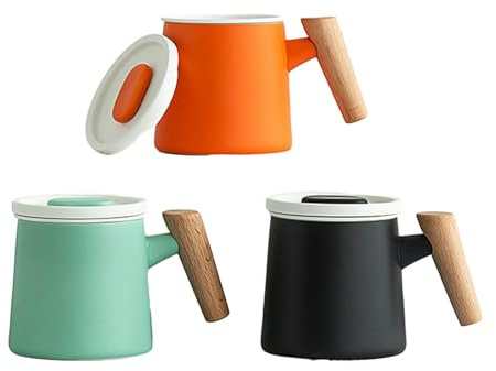 CAPIJIONG Taza de cerámica minimalista de 400 ml, juego de tres piezas con gran capacidad y separación de té filtrado, taza personal para hacer té de oficina en casa, cubierta de porcelana naranja