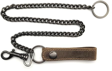 Lemasi Chaîne de sécurité en métal - Chaîne de serveur - Pour serveur, portefeuille de serveur, portefeuille de motard - Avec dragonne en cuir véritable, cognac marron, Taille unique, Décontracté