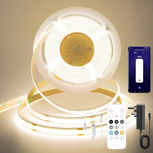 FUIQI Striscia LED COB 5metri,striscia led cob bianco neutro 4000K,24V Smart app e telecomando Striscia LED dimmerabile,320LED/M,CRI>90, larghezza,adatto per camere da letto,cucine,armadi